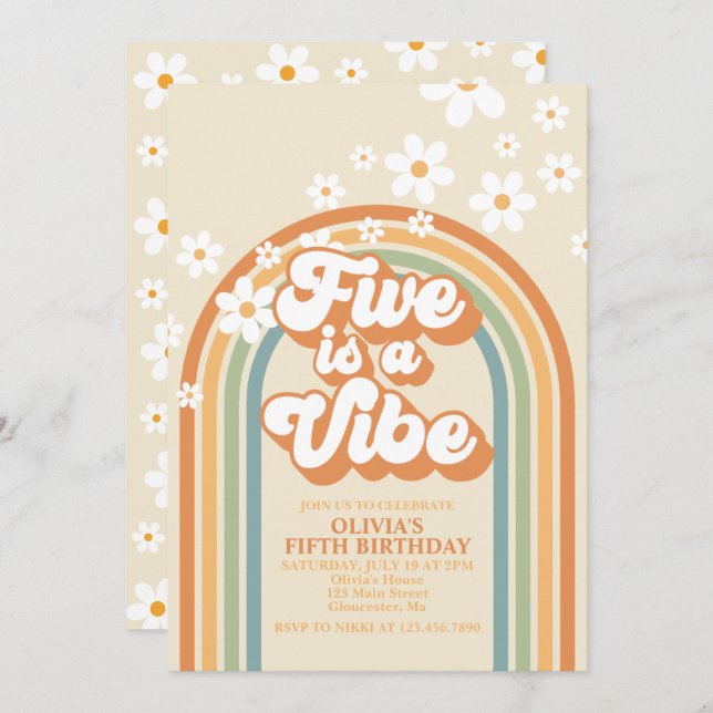Retro Rainbow FIVE is a Vibe Groovy 5th Birthday I Invitation (Front/Back)