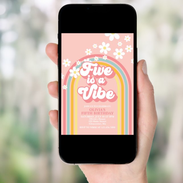 Retro Rainbow FIVE is a Vibe Groovy 5th Birthday Invitation (Front Digital)