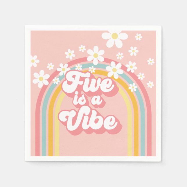 Retro Rainbow FIVE is a Vibe Groovy 5th Birthday Napkins (Front)