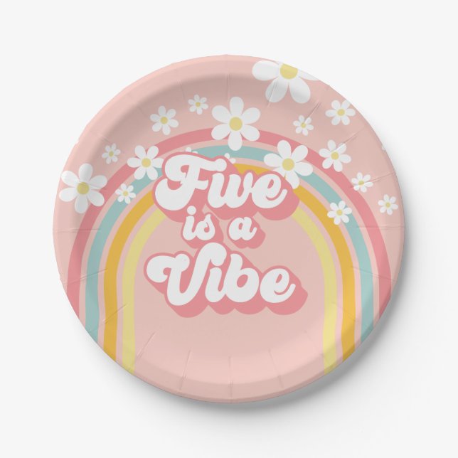 Retro Rainbow FIVE is a Vibe Groovy 5th Birthday P Paper Plates (Front)
