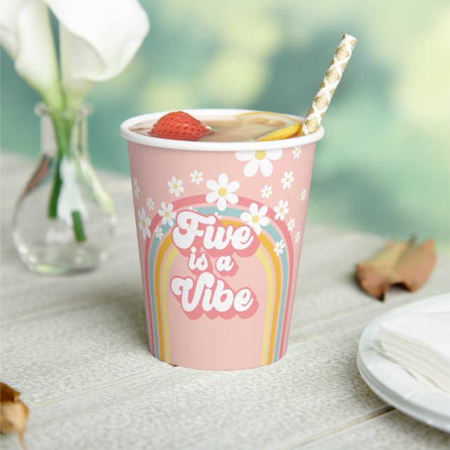 Retro Rainbow FIVE is a Vibe Groovy 5th Birthday Paper Cups (Insitu)