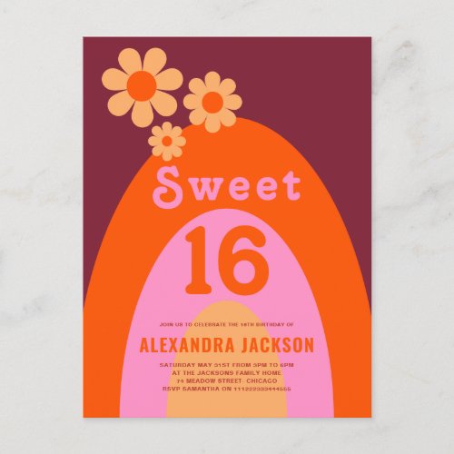 Retro Rainbow Floral Sweet 16 Birthday Party Invitation Postcard