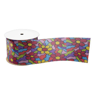 Retro Rainbow Flower Pattern  Satin Ribbon
