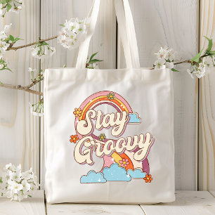 Retro Rainbow Flowers 70s Groovy Typography Tote Bag
