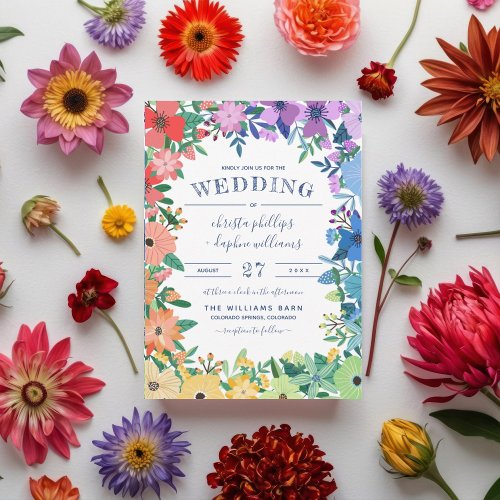 Retro Rainbow Flowers Gay Lesbian Wedding Invitation