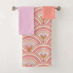 Retro Rainbow Flowers Pink & Coral Bath Towel Set