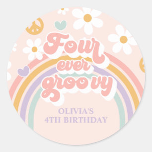 Retro Rainbow Four Ever Groovy 4th Birthday Classic Round Sticker