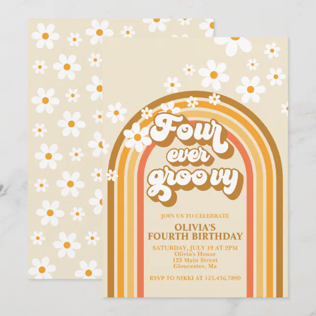 Retro Rainbow Four Ever Groovy 4th Birthday Invitation | Zazzle