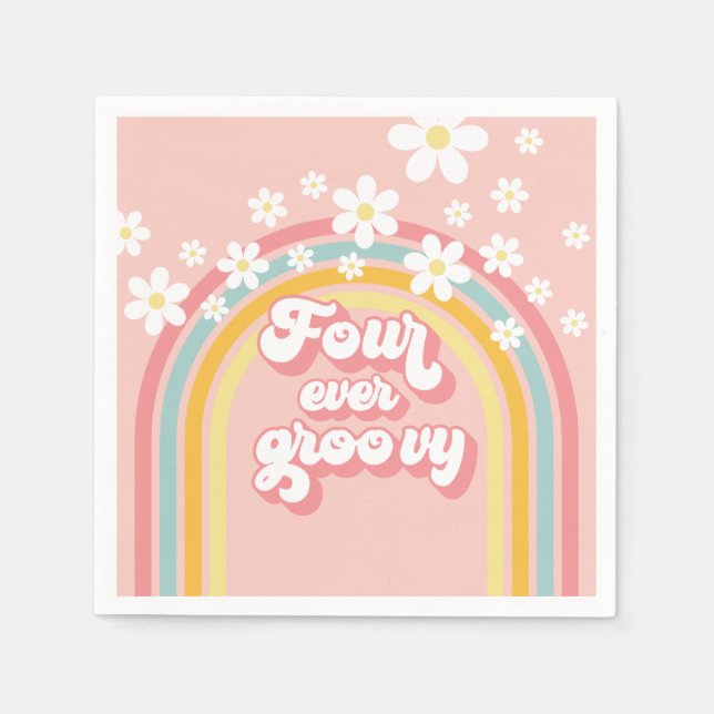 Retro Rainbow Four Ever Groovy 4th Birthday Napkins (Front)