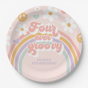 Retro Rainbow Four Ever Groovy 4th Birthday Paper Plates
