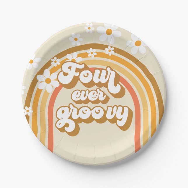 Retro Rainbow Four Ever Groovy 4th Birthday Paper Plates (Front)