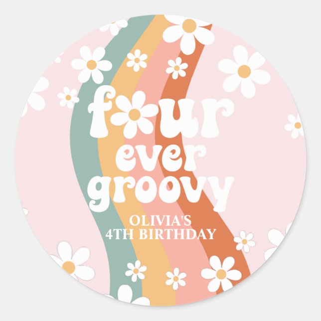 Retro Rainbow Four Ever Groovy Daisy Classic Round Sticker (Front)