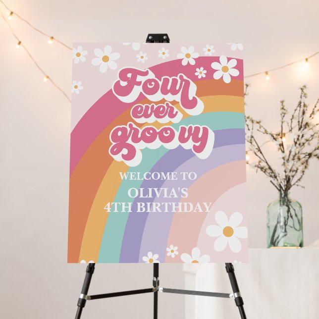 Retro Rainbow Four Ever Groovy Daisy Welcome Foam Board (In Situ (Stand))