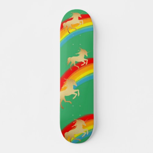 Retro Rainbow Green Sky Golden Unicorns Skateboard