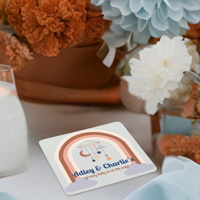 Retro Rainbow Groovy Baby Gender Neutral Shower Square Paper Coaster (Creator Uploaded)