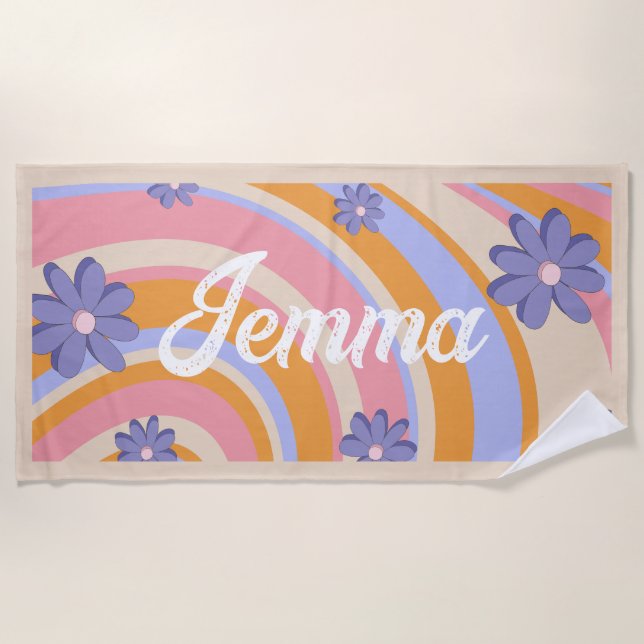Retro, Rainbow, Groovy Birthday, Beach Towel (Front)