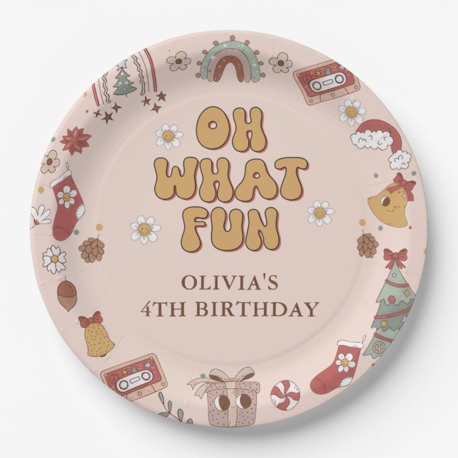 Retro Rainbow Groovy Christmas Birthday Party Paper Plates (Front)