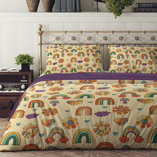 Retro Rainbow Groovy Duvet 70s Pastel Cozy Design Cover