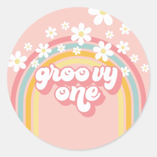 Retro Rainbow Groovy One 1st Birthday Classic Round Sticker