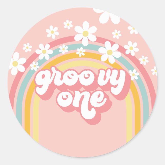 Retro Rainbow Groovy One 1st Birthday Classic Round Sticker (Front)