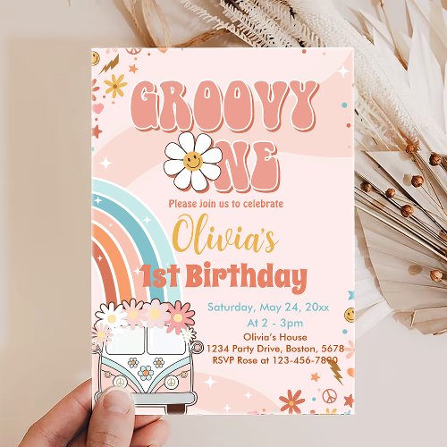 Retro Rainbow Groovy One 1st Birthday Invitation