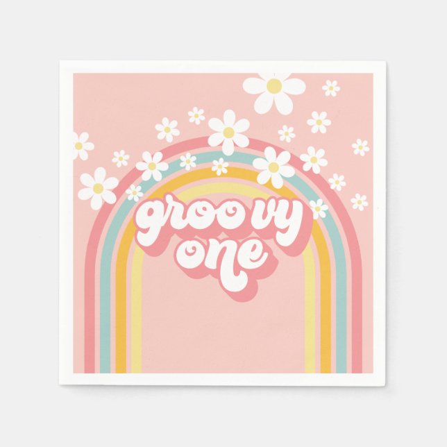 Retro Rainbow Groovy One 1st Birthday Napkins (Front)