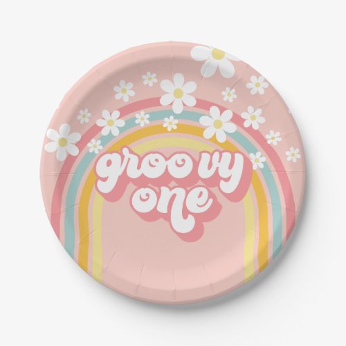 Retro Rainbow Groovy One 1st Birthday Paper Plates