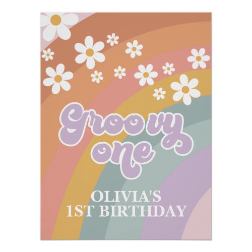 Retro Rainbow Groovy One 1st Birthday Poster