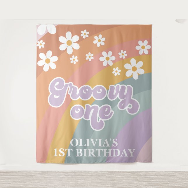 Retro Rainbow Groovy One 1st Birthday Tapestry (Front)