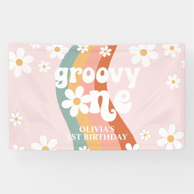 Retro Rainbow Groovy One Daisy 1st Banner (Horizontal)
