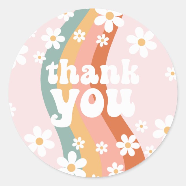 Retro Rainbow Groovy One Daisy Classic Round Sticker (Front)