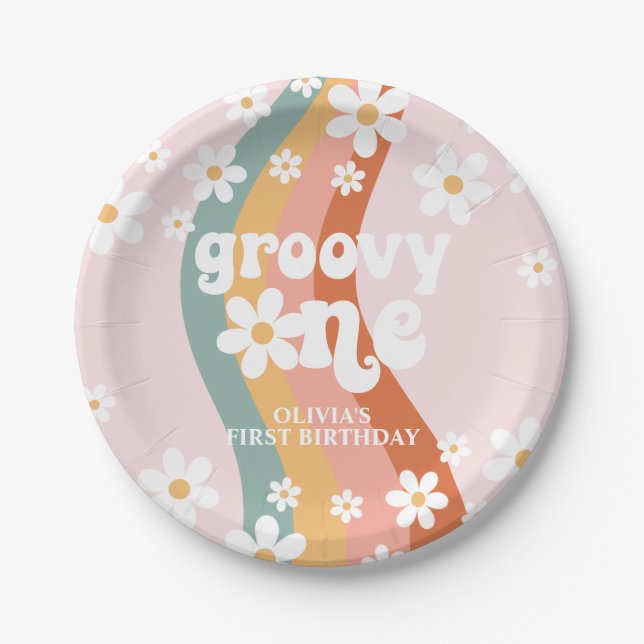 Retro Rainbow Groovy One Daisy Paper Plates (Front)