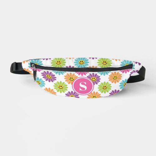 Retro Rainbow Happy Daisy Pattern Monogrammed Fanny Pack