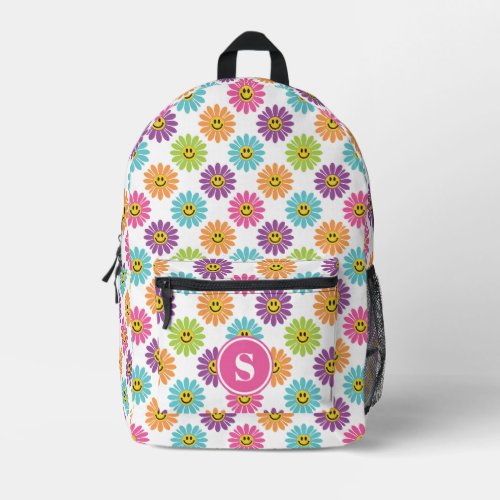 Retro Rainbow Happy Daisy Pattern Monogrammed Printed Backpack