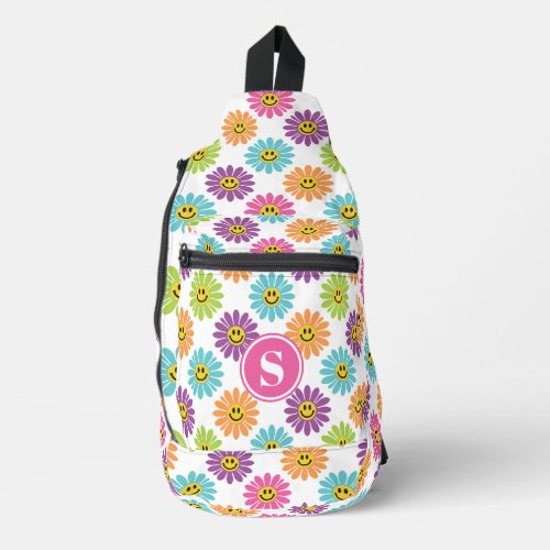 Retro Rainbow Happy Daisy Pattern Monogrammed Sling Bag