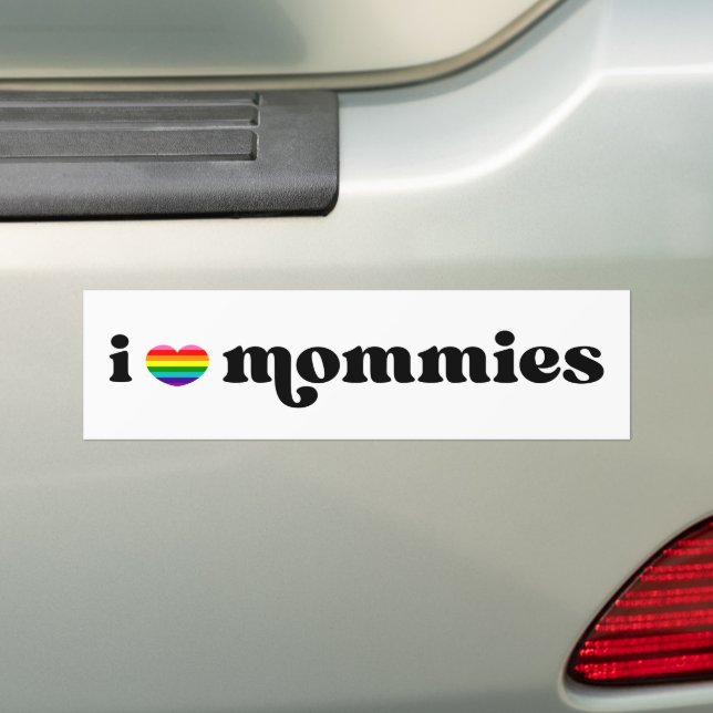 Retro Rainbow Heart I Love My Mommies Queer Moms Bumper Sticker (On Car)