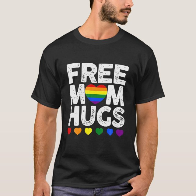 Retro Rainbow Heart Love Mom Hugs Gay LGBT Pride T-Shirt (Front)