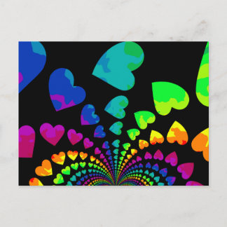 Retro rainbow hearts on black postcard