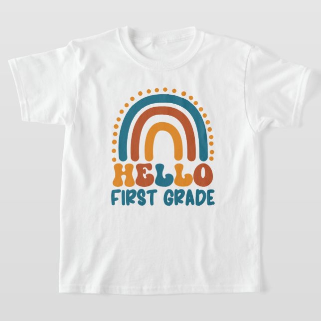 Retro Rainbow Hello First Grade boho colorful T-Shirt (Laydown)