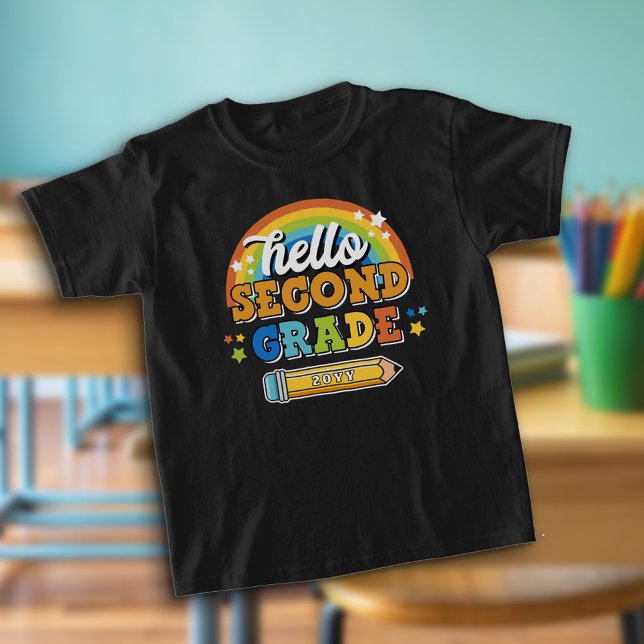 Retro Rainbow Hello Second Grade with Year T-Shirt (Creator Uploaded)