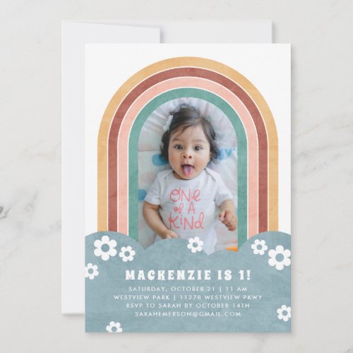 Retro Rainbow Kids Birthday Invitation _ Teal