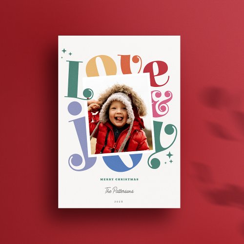 Retro Rainbow Love and Joy 1 photo Christmas Holiday Card