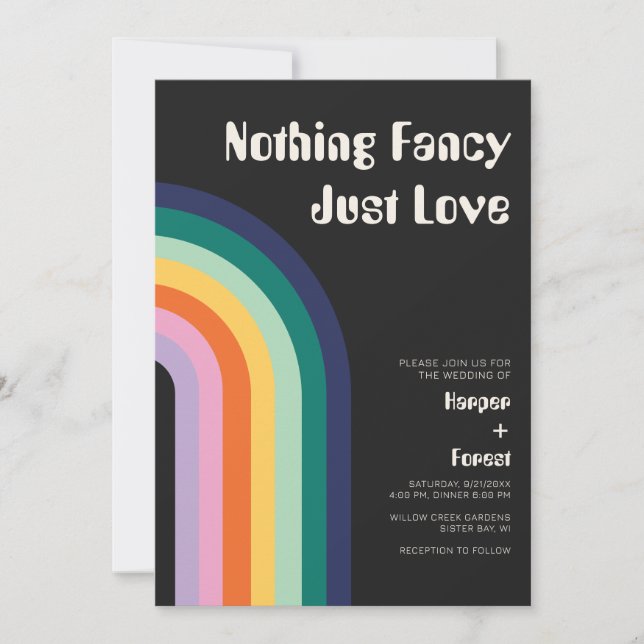 Retro Rainbow Modern 70s Dark Wedding Invitation (Front)