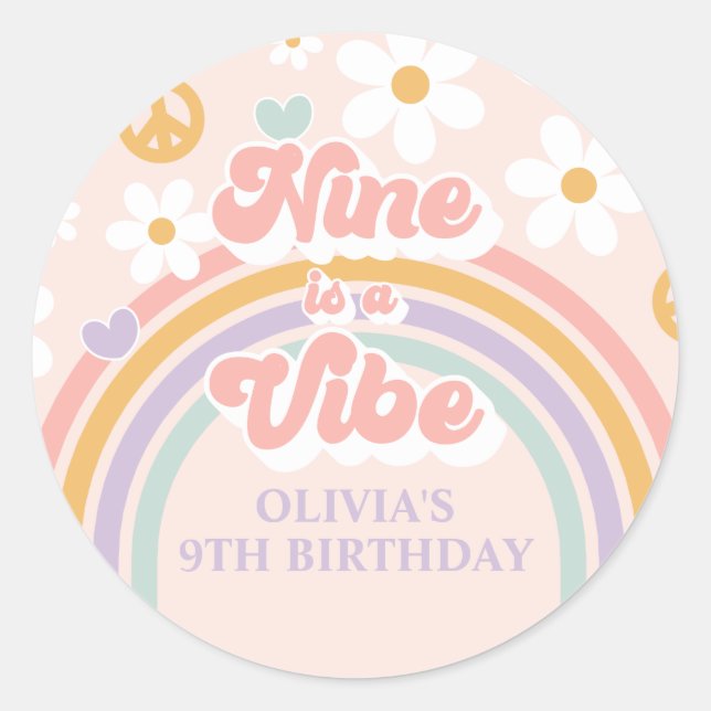 Retro Rainbow Nine is a Vibe 9th Birthday Classic Round Sticker (Front)