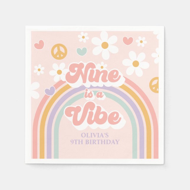 Retro Rainbow Nine is a Vibe 9th Birthday Napkins (Front)