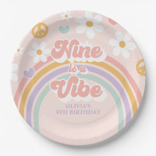 Retro Rainbow Nine is a Vibe 9th Birthday Paper Plates