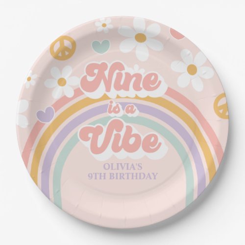 Retro Rainbow Nine is a Vibe 9th Birthday Paper Plates