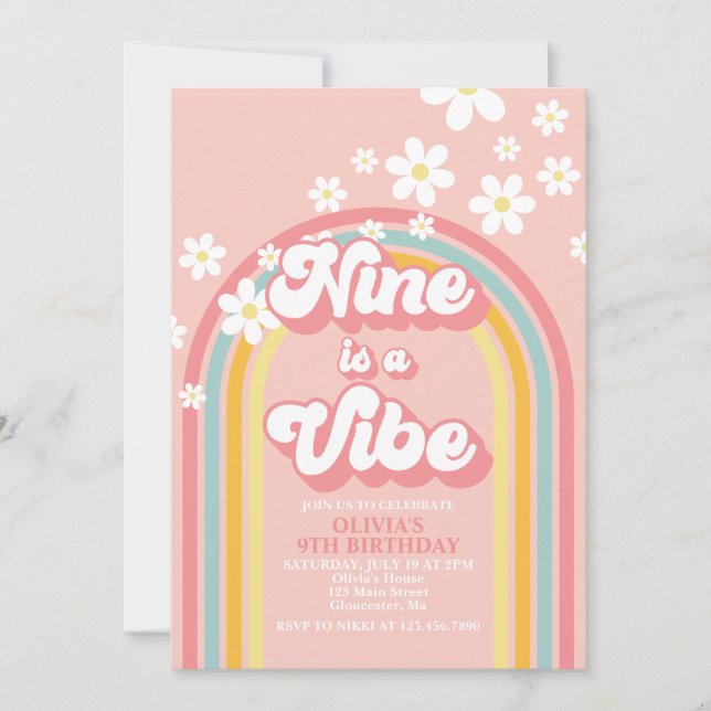Retro Rainbow Nine is a Vibe Groovy 9th Birthday Invitation (Front)