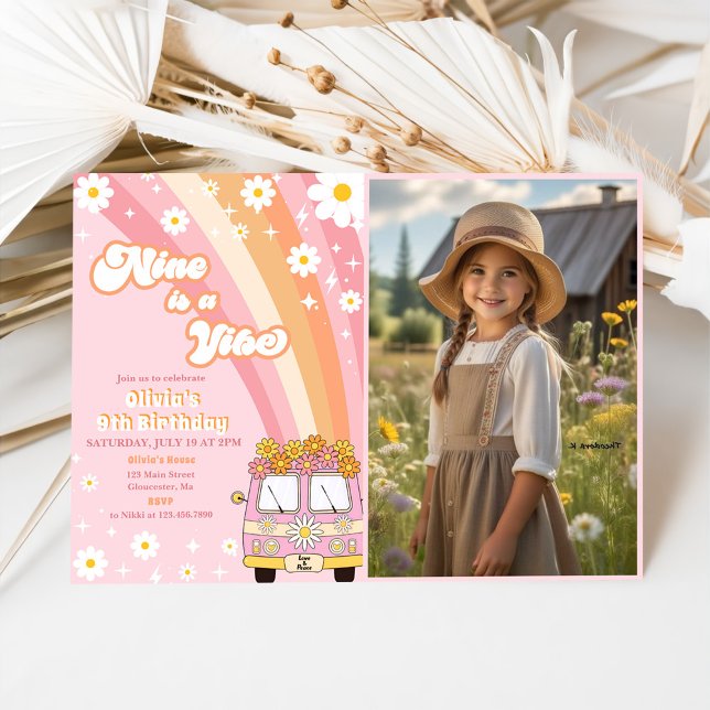 Retro Rainbow Nine is a Vibe Groovy 9th Birthday Invitation (Creator Uploaded)