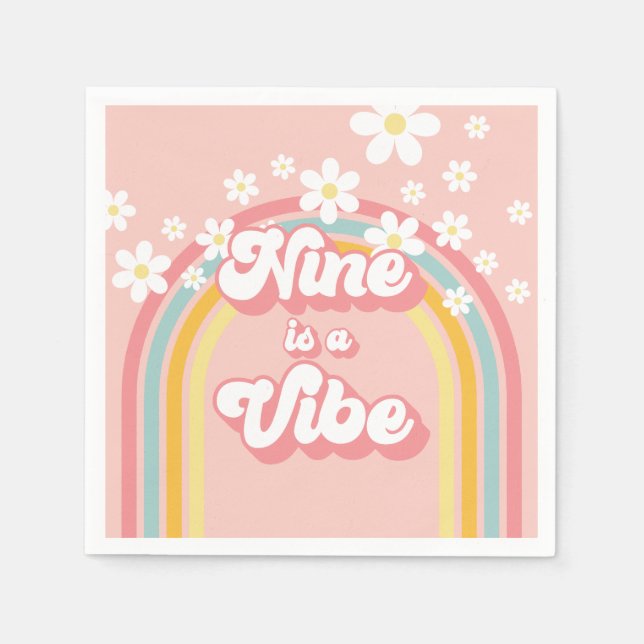 Retro Rainbow Nine is a Vibe Groovy 9th Birthday Napkins (Front)